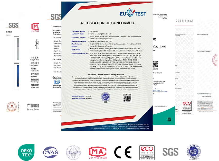 Multiple certifications including OEKO-TEX, CE, SGS, and ISO