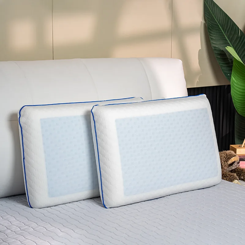 two-gel-memory-foam-pillows-standing-against-headboard
