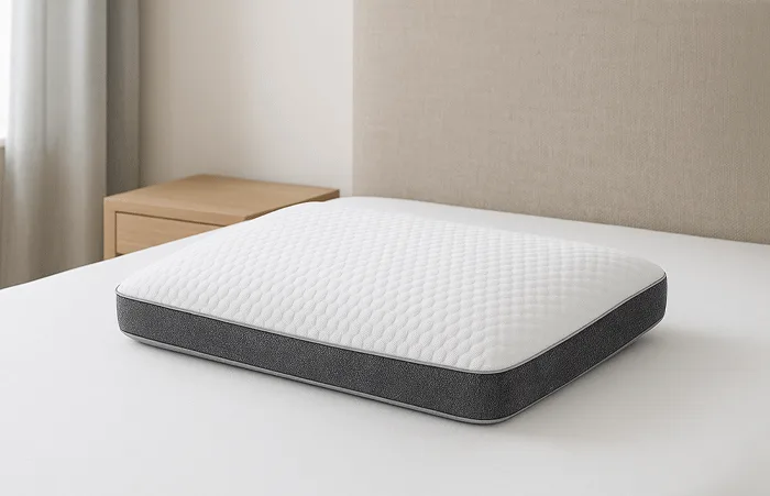 Comfortable memory foam pillow on white covered bed, offering soft support for better sleep