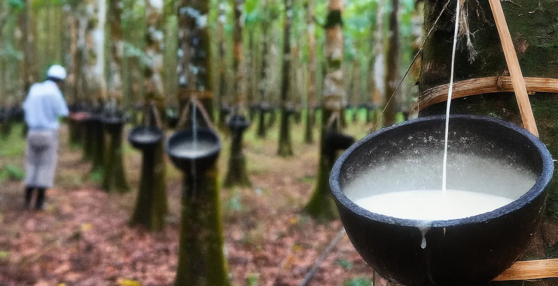 Worker collecting natural latex sap from rubber tree plantation