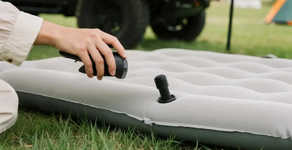 Person opening valve to deflate an inflatable air mattress.