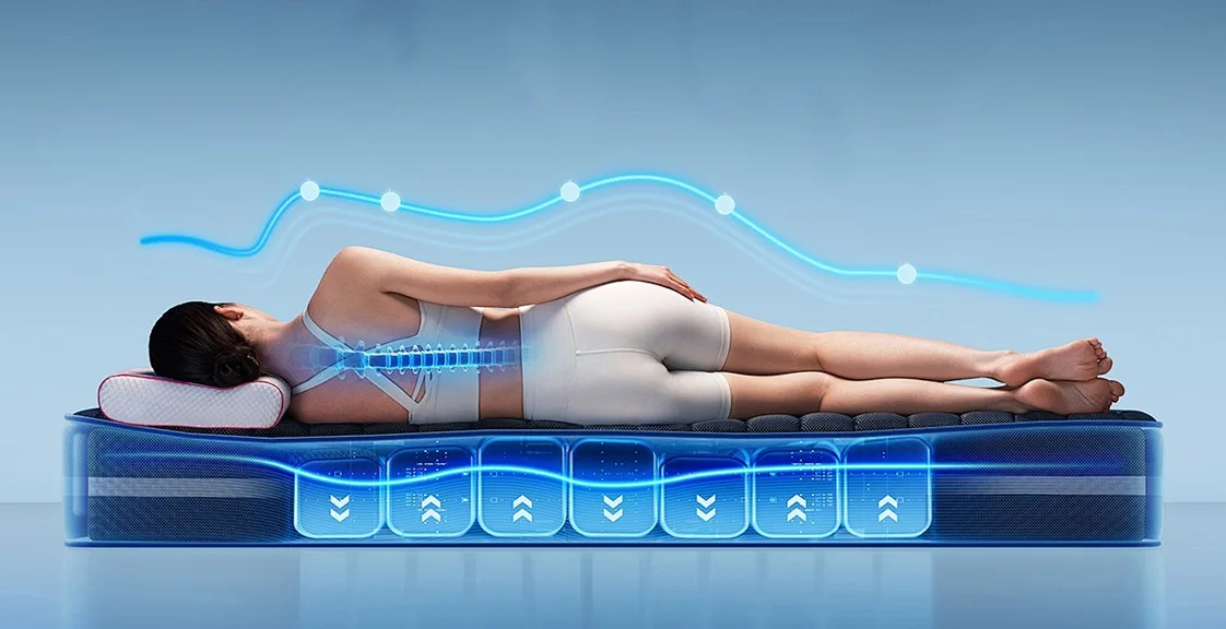 Person on memory foam mattress showing spine alignment.